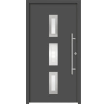 Graue Haustür mit drei Glaseinsätzen und Stangengriff