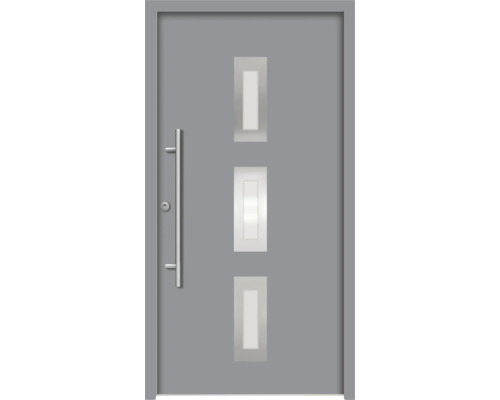 Splendoor Haustür ARTEMIS Aluminium 1000x2100 mm NCS S 6502-B (Grau) DIN Links (nach innen öffnend) RC 2 inkl. Beschlagset und Profilzylinder mit 3 Schlüssel Graue Haustür mit drei rechteckigen Glaseinsätzen und einem Edelstahlgriff