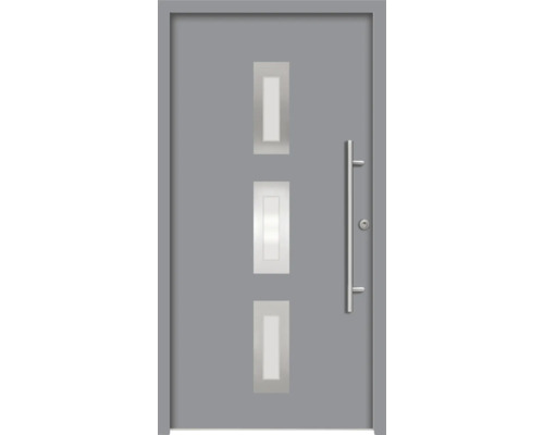 Splendoor Haustür ARTEMIS Aluminium 1100x2100 mm NCS S 6502-B (Grau) DIN Rechts (nach innen öffnend) RC 2 inkl. Beschlagset und Profilzylinder mit 3 Schlüssel Graue Haustür mit drei rechteckigen Glaseinsätzen und einem langen, vertikalen Türgriff.