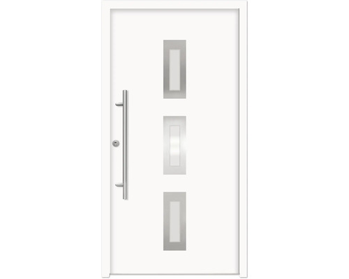 Splendoor Haustür ARTEMIS Aluminium 1000x2100 mm NCS S 0500-N Weiß DIN Links (nach innen öffnend) RC 2 inkl. Beschlagset und Profilzylinder mit 3 Schlüssel Weiße Haustür mit drei rechteckigen Glaseinsätzen und Edelstahlgriff