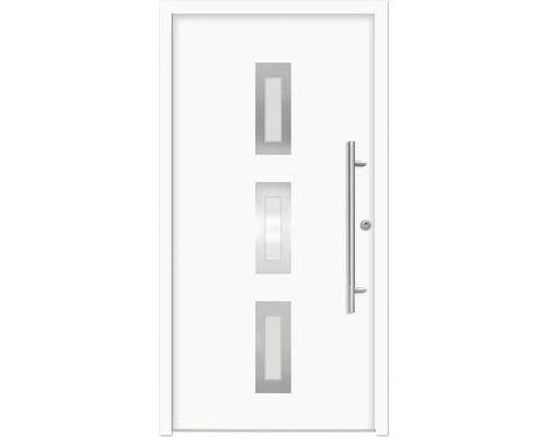 Splendoor Haustür ARTEMIS Aluminium 1000x2100 mm NCS S 0500-N Weiß DIN Rechts (nach innen öffnend) RC 2 inkl. Beschlagset und Profilzylinder mit 3 Schlüssel Weiße Haustür mit drei rechteckigen Glaseinsätzen und einem Griff aus Metall