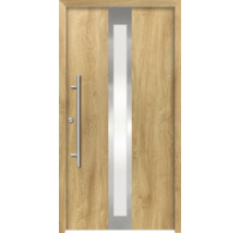 Haustür aus Holz mit Glaseinsatz und Edelstahlgriff