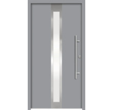 Graue Haustür mit Glaseinsatz und Edelstahlgriff