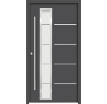 Graue Haustür mit Glaselement und Edelstahlgriff