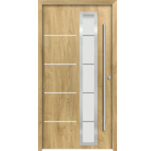 Haustür mit Holzstruktur, Glaseinsatz und Edelstahlgriff