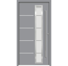 Graue Haustür mit Glaseinsatz und Edelstahlgriff