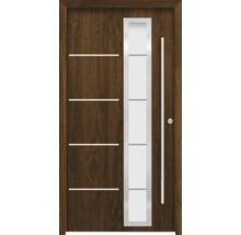 Haustür aus Holz mit Glaseinsatz und horizontalen Zierelementen