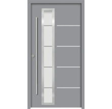 Graue Haustür mit Glaseinsatz und Edelstahlgriff