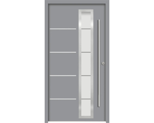 Splendoor Haustür DEMETER Aluminium 1000x2100 mm NCS S 6502-B (Grau) DIN Rechts (nach innen öffnend) RC 2 inkl. Beschlagset und Profilzylinder mit 3 Schlüssel Graue Haustür mit Glaseinsatz und horizontalen Zierelementen.