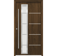 Holztür mit Glaseinsatz und horizontalen Zierlinien