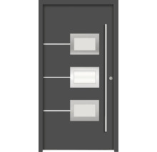 Moderne Haustür mit drei rechteckigen Glaseinsätzen und Edelstahlgriff