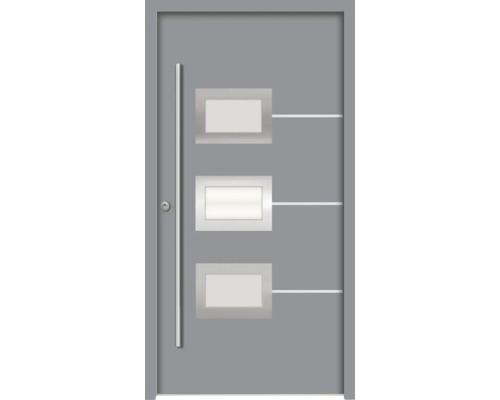 Splendoor Haustür HERA Aluminium 1000x2100 mm NCS S 6502-B (Grau) DIN Links (nach innen öffnend) RC 2 inkl. Beschlagset und Profilzylinder mit 3 Schlüssel Graue Haustür mit drei rechteckigen Fenstern und einem Griff