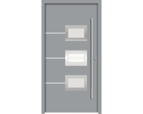 Splendoor Haustür HERA Aluminium 1000x2100 mm NCS S 6502-B (Grau) DIN Rechts (nach innen öffnend) RC 2 inkl. Beschlagset und Profilzylinder mit 3 Schlüssel Graue Haustür mit drei rechteckigen Glaseinsätzen und Edelstahlgriff