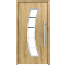 Haustür mit Holzdekor und Glaseinsatz