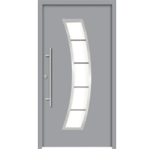 Graue Haustür mit Glaseinsatz und Edelstahlgriff