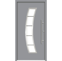 Graue Haustür mit Glaseinsatz und Edelstahlgriff