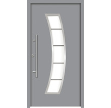 Graue Haustür mit Glaseinsatz und Edelstahlgriff