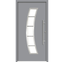 Graue Haustür mit Glaseinsatz und Griff