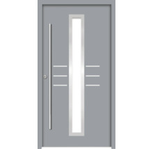 Graue Haustür mit Glasausschnitt und Griff