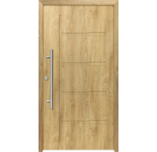 Holztür mit Metallgriff und horizontalen Zierelementen