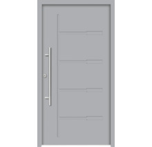 Graue Haustür mit Edelstahlgriff und horizontalen Dekorelementen.