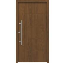 Moderne Haustür mit Edelstahlgriff und Holzmuster
