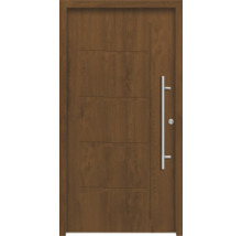 Holztür mit horizontalen Mustern und silbernem Griff