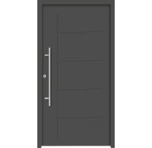 Graue Haustür mit horizontalen Rillen und Türgriff