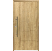 Holztür mit Griff und horizontalen Designelementen