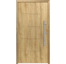 Haustür aus Holz mit Edelstahlgriff und horizontalen Zierfräsungen
