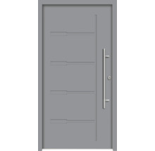 Moderne Haustür mit Edelstahlgriff und horizontalen Designelementen