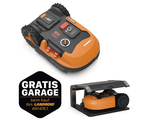 WORX 20V Akku-Mähroboter Landroid L1000 20cm/1.000 m² mit App WR147E.1, inkl. Installationsmaterial + GRATIS Zugabeartikel Garage WA0810