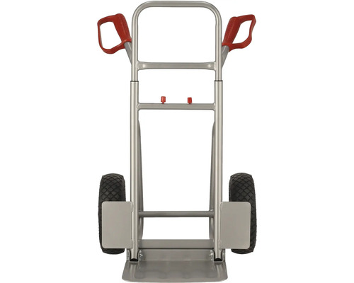 Sackkarre aus Metall mit roten Griffen und schwarzen Rädern