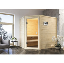 Moderne Sauna aus Holz mit Glastür und digitalem Bedienfeld in einem hellen Raum.