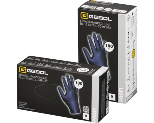 Einweghandschuh Gebol "Blue Nitril Comfort" Gr. XL Zwei Packungen Gebol Einweghandschuhe aus blauem Nitril, Komfortausführung, Inhalt 100 Stück