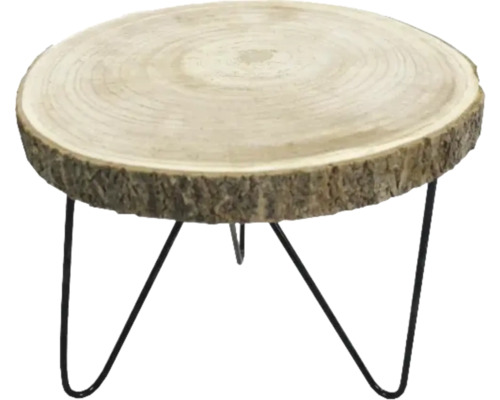 Beistelltisch aus Baumscheibe mit Metallbeinen