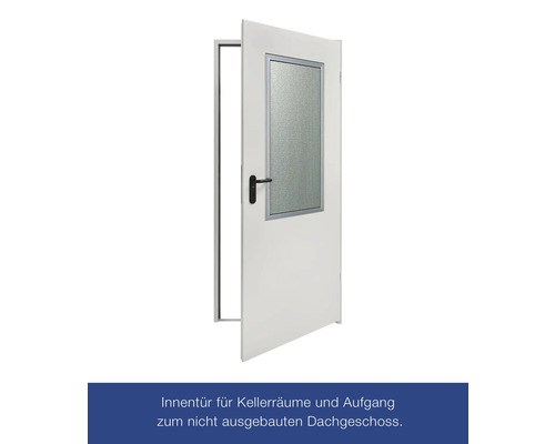 Innentür mit Glaseinsatz und schwarzem Türgriff für Keller und Dachboden
