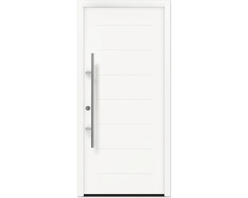 Haustür EcoStar ISOPRO Secur IPS 015 1000 x 2100 mm Links verkehrsweiß inkl. Beschlag-Set,Edelstahl Stangengriff,Sicherheitsprofilzylinder mit 5 Schlüsseln Weiße Haustür mit Edelstahlgriff