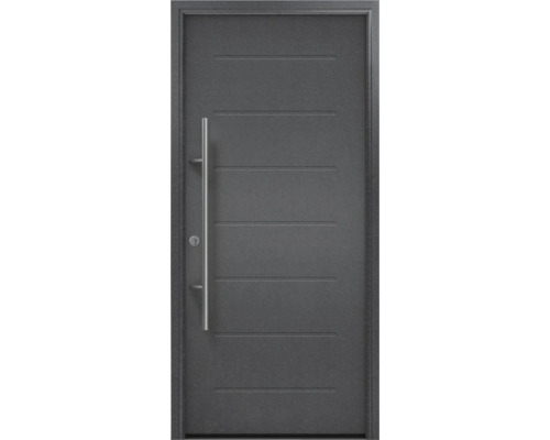 Haustür mit horizontalen Rillen und Stangengriff
