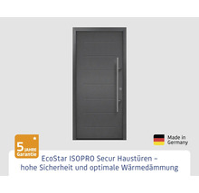 Graue Haustür mit horizontalen Rillen und Edelstahlgriff