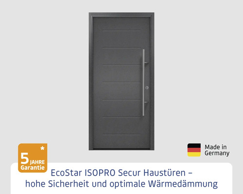 Graue Haustür mit Edelstahlgriff und horizontalen Linien