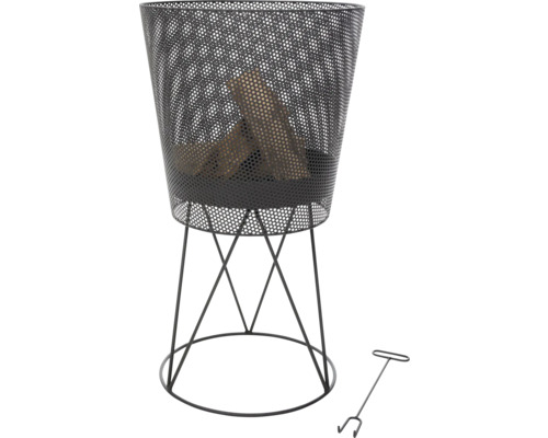 Feuerkorb aus Metall mit Holz und Schürhaken