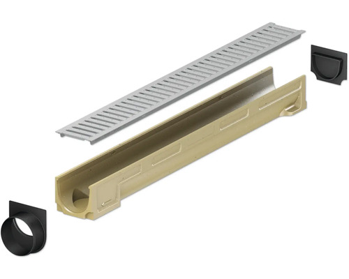 Entwässerungsrinne mit Gitterrost, Endstück und Ablaufstutzen