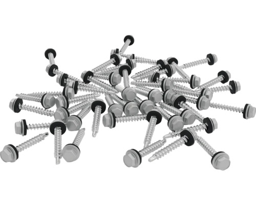 Eine Vielzahl von Bohrschrauben mit Dichtscheibe.