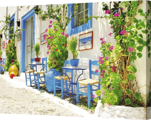 Dekorative Leinwand mit blühenden Pflanzen an einer weiß gestrichenen Fassade mit blauen Akzenten