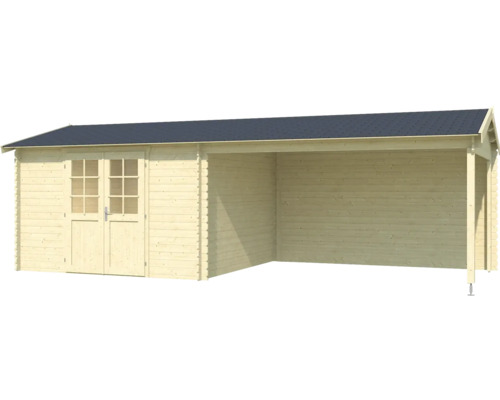 Holzgartenhaus mit Doppeltür und überdachtem Bereich