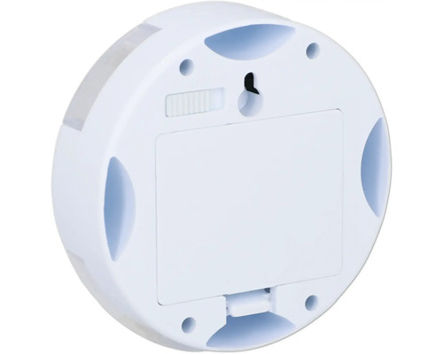 Rückseite einer runden LED-Leuchte für den Innenbereich mit Batteriefach und Schalter