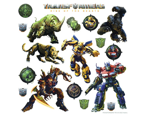 Transformers Rise of the Beasts Wandaufkleber mit verschiedenen Charakteren und Logos.