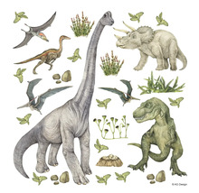 Illustration verschiedener Dinosaurierarten und Pflanzen.