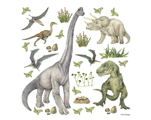 Illustration verschiedener Dinosaurierarten und Pflanzen.